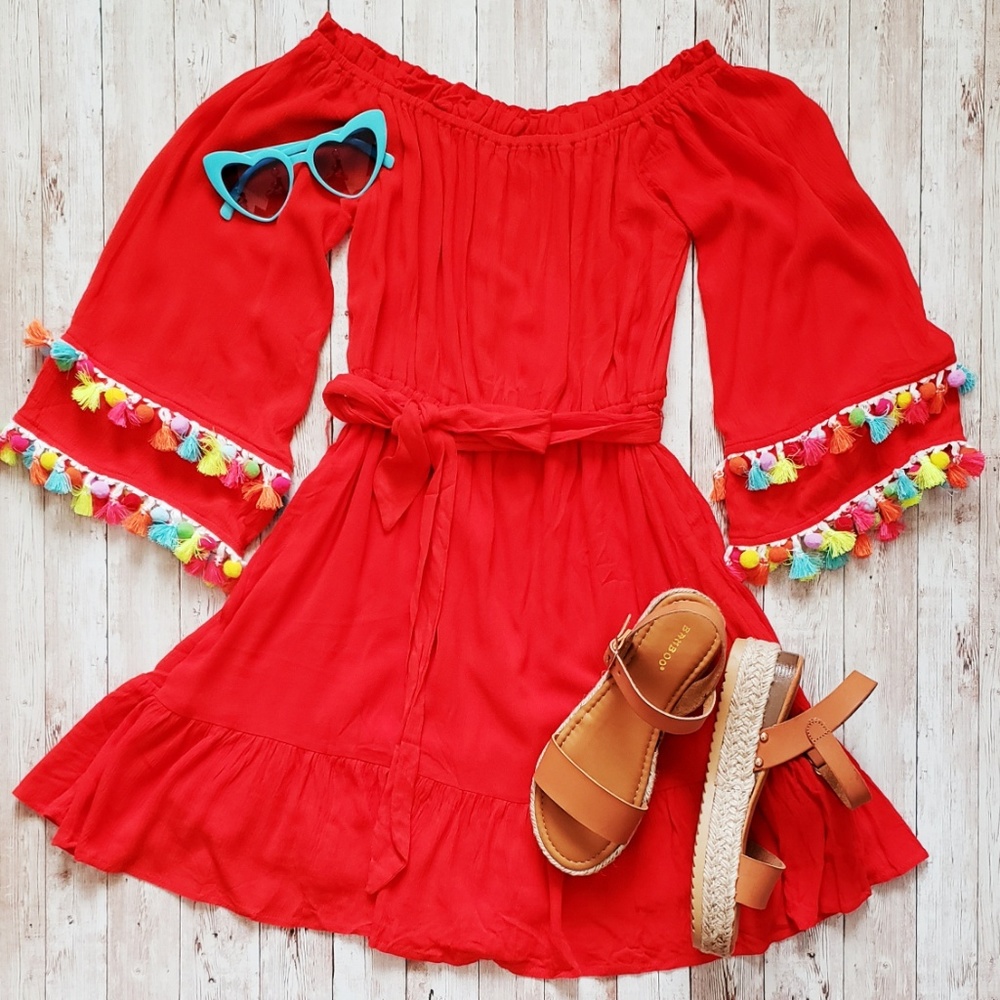 Red Multi Tassel Off the Shoulder Pom Pom Dress